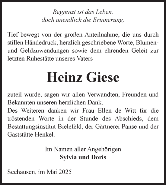 Traueranzeige von Heinz Giese von Volksstimme Altmark Ost