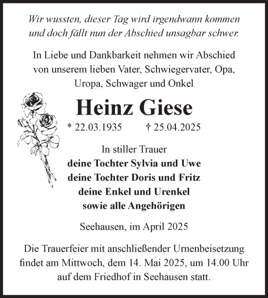 Traueranzeige von Heinz Giese von Volksstimme Altmark Ost