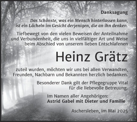 Traueranzeige von Heinz Grätz von Trauerkombi Aschersleben