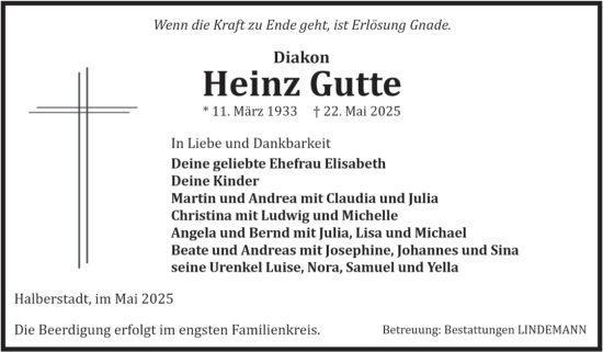 Traueranzeige von Heinz Gutte von Volksstimme Halberstadt