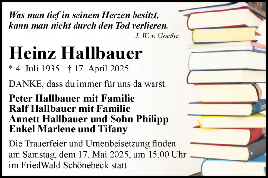 Traueranzeige von Heinz Hallbauer von Volksstimme Magdeburg