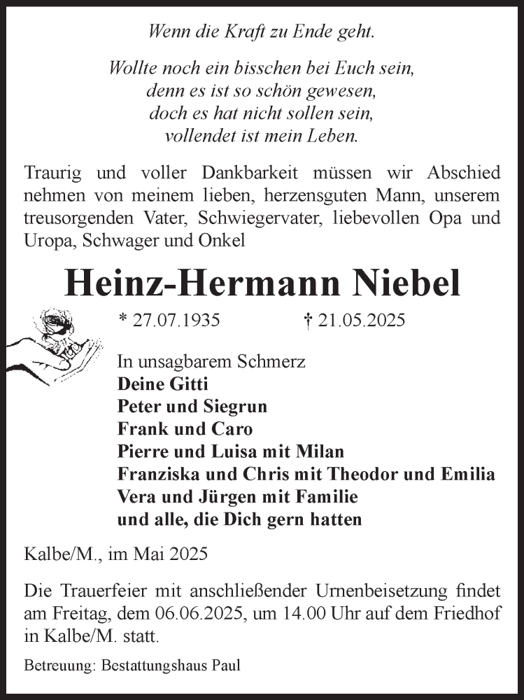  Traueranzeige für Heinz-Hermann Niebel vom 27.05.2025 aus Volksstimme Altmark West