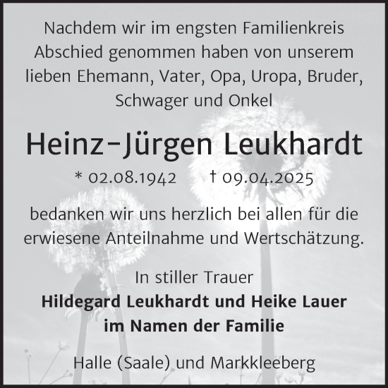 Traueranzeige von Heinz-Jürgen Leukhardt von Mitteldeutsche Zeitung Halle/Saalkreis