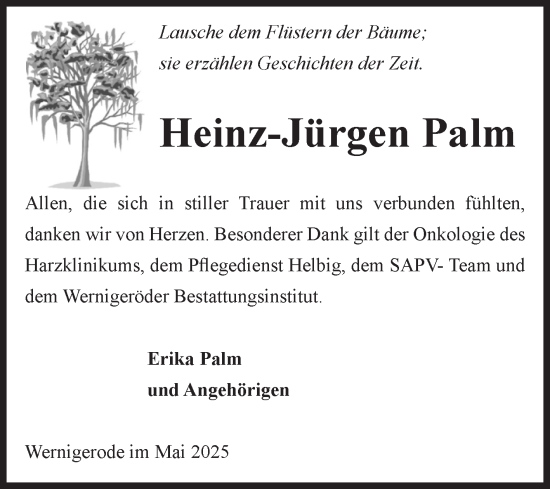 Traueranzeige von Heinz-Jürgen Palm von Volksstimme Wernigerode
