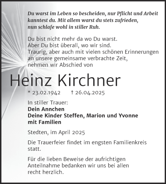 Traueranzeige von Heinz Kirchner von Trauerkombi Mansfelder Land