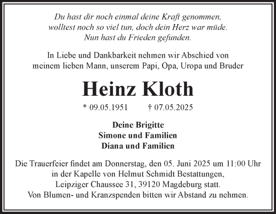 Traueranzeige von Heinz Kloth von Volksstimme Magdeburg