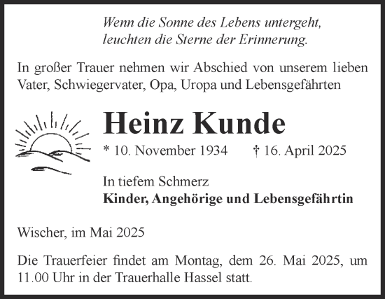 Traueranzeige von Heinz Kunde von Volksstimme Altmark Ost