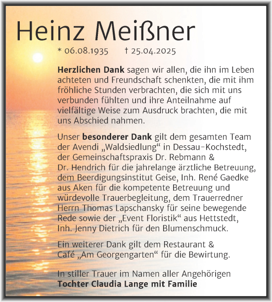 Traueranzeige von Heinz Meißner von Trauerkombi Dessau