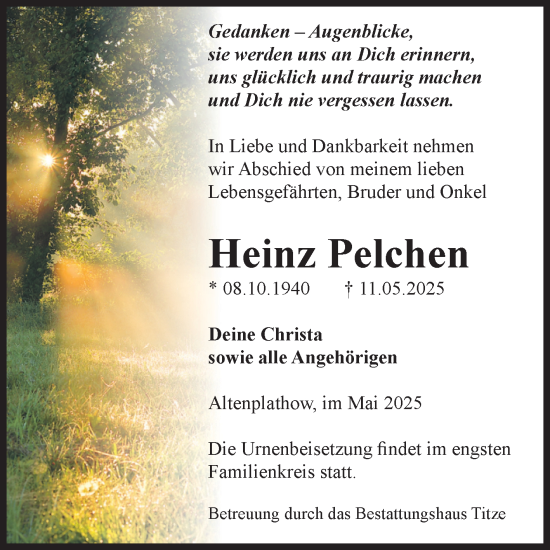 Traueranzeige von Heinz Pelchen von Volksstimme Burg/Genthin
