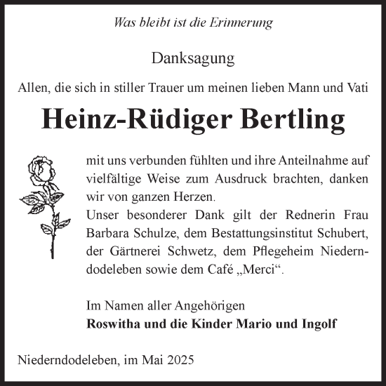 Traueranzeige von Heinz-Rüdiger Bertling von Volksstimme Haldensleben/Wolmirstedt