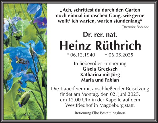 Traueranzeige von Heinz Rüthrich von Volksstimme Magdeburg