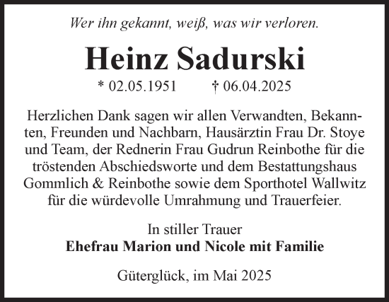 Traueranzeige von Heinz Sadurski von Volksstimme Zerbst