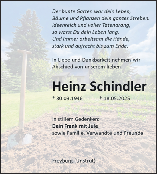 Traueranzeige von Heinz Schindler von Naumburger Tageblatt
