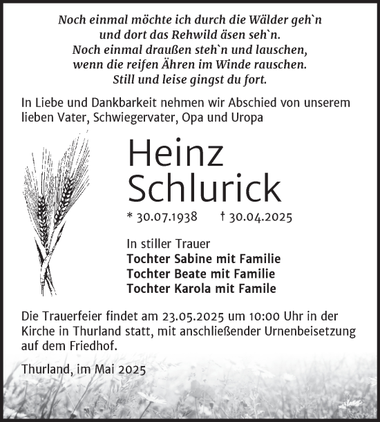 Traueranzeige von Heinz Schlurick von Trauerkombi Bitterfeld