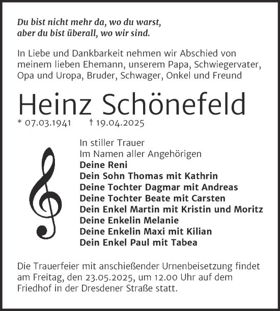 Traueranzeige von Heinz Schönefeld von Trauerkombi Wittenberg