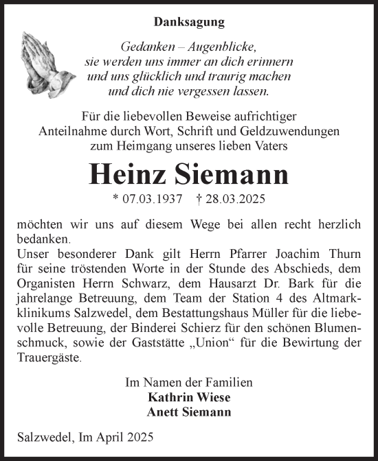 Traueranzeige von Heinz Siemann von Volksstimme Altmark West
