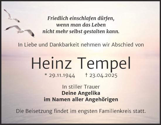 Traueranzeige von Heinz Tempel von Trauerkombi Wittenberg