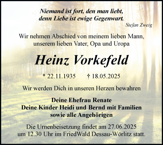 Traueranzeige von Heinz Vorkefeld von Trauerkombi Bitterfeld