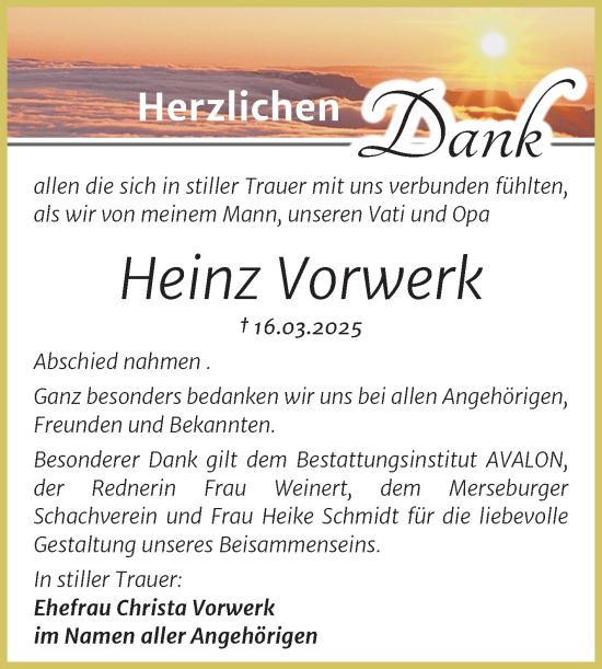 Traueranzeige von Heinz Vorwerk von Trauerkombi Merseburg