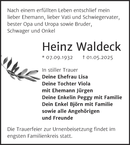 Traueranzeige von Heinz Waldeck von Trauerkombi Mansfelder Land