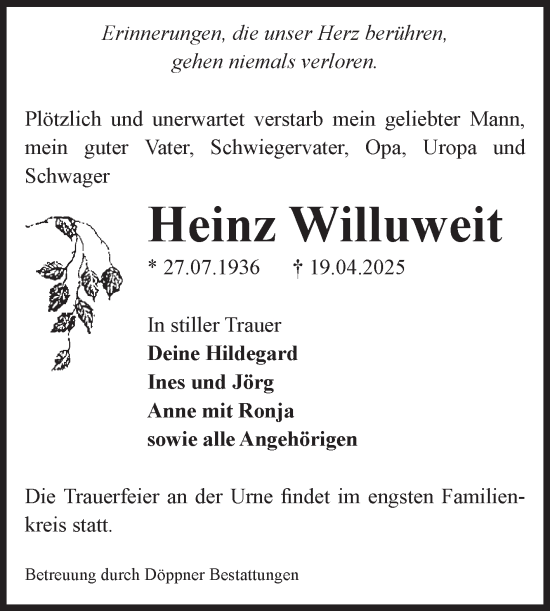 Traueranzeige von Heinz Willuweit von Volksstimme Oschersleben/Wanzleben