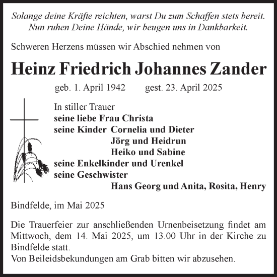 Traueranzeige von Heinz  Zander von Volksstimme Altmark Ost