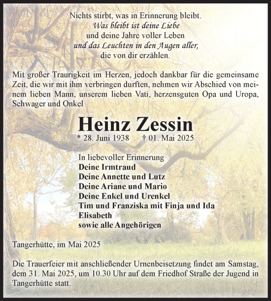Traueranzeige von Heinz Zessin von Volksstimme Altmark Ost