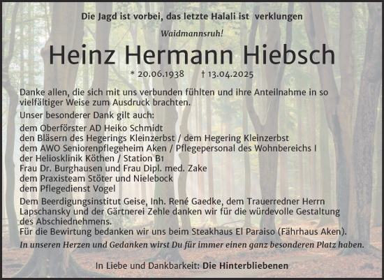 Traueranzeige von Heinz Hermann Hiebsch von Trauerkombi Köthen