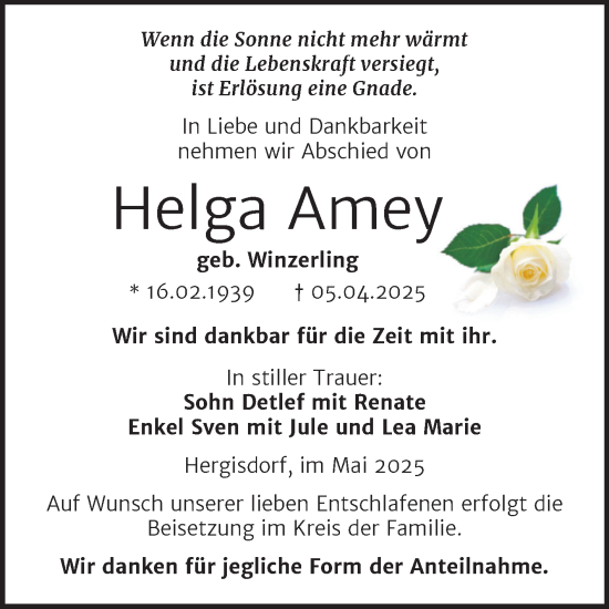 Traueranzeige von Helga Amey von Trauerkombi Mansfelder Land