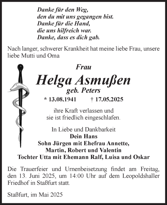 Traueranzeige von Helga Asmußen 