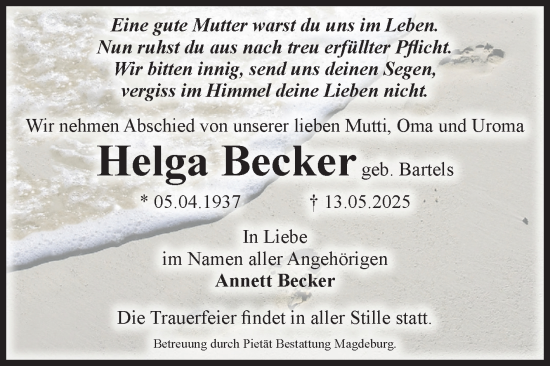 Traueranzeige von Helga Becker von Volksstimme Magdeburg