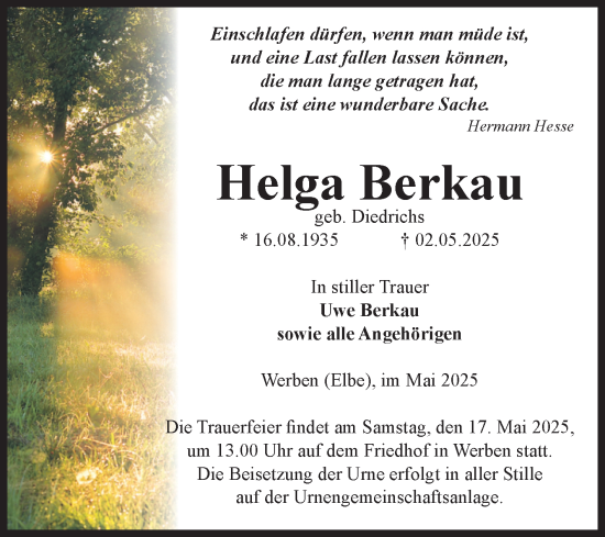 Traueranzeige von Helga Berkau von Volksstimme Altmark Ost