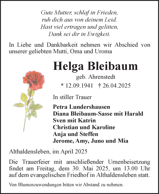 Traueranzeige von Helga Bleibaum von Volksstimme Haldensleben/Wolmirstedt