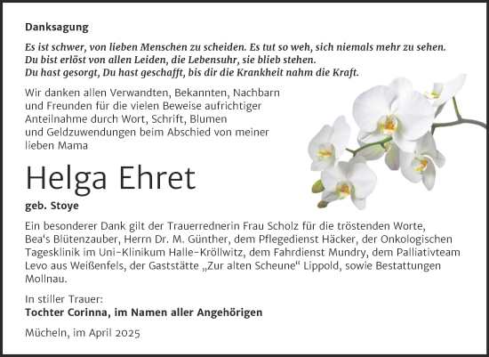 Traueranzeige von Helga Ehret von Trauerkombi Merseburg