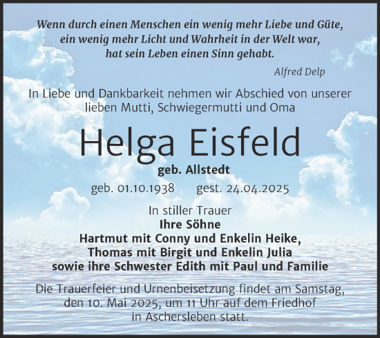 Traueranzeige von Helga Eisfeld von Trauerkombi Aschersleben