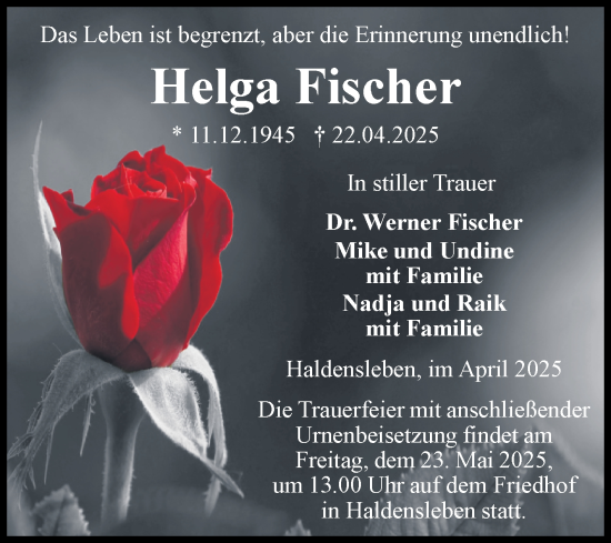 Traueranzeige von Helga Fischer von Volksstimme Haldensleben/Wolmirstedt