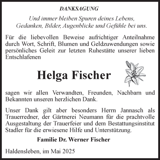 Traueranzeige von Helga Fischer von Volksstimme Haldensleben/Wolmirstedt