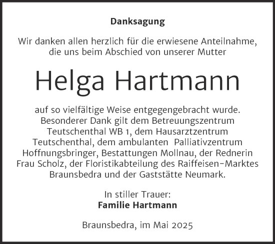 Traueranzeige von Helga Hartmann von Trauerkombi Merseburg