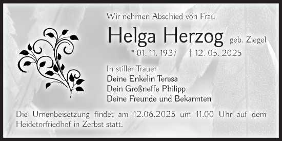 Traueranzeige von Helga Herzog von Volksstimme Zerbst