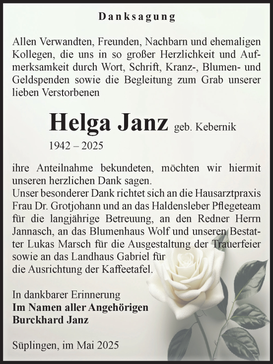 Traueranzeige von Helga Janz von Volksstimme Haldensleben/Wolmirstedt