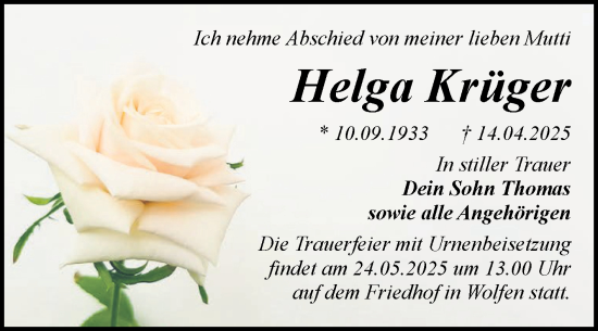Traueranzeige von Helga Krüger von Trauerkombi Bitterfeld