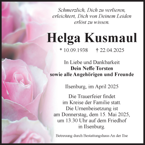 Traueranzeige von Helga Kusmaul von Volksstimme Wernigerode