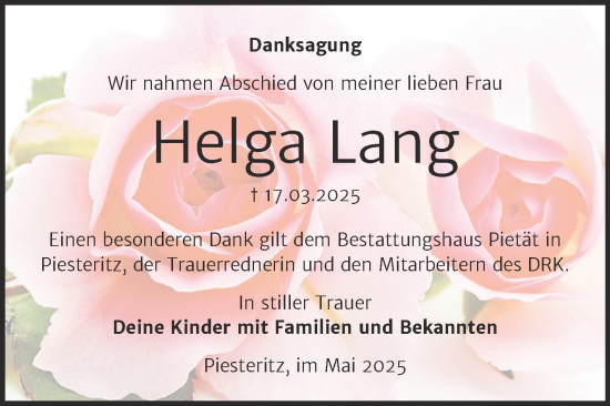 Traueranzeige von Helga Lang von Trauerkombi Wittenberg