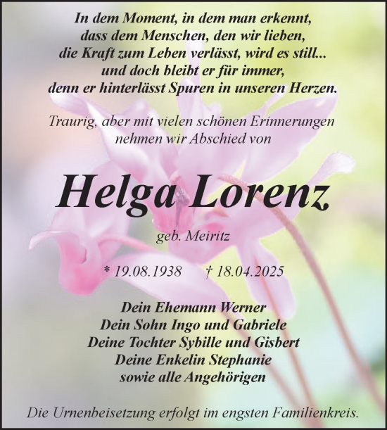 Traueranzeige von Helga Lorenz von Trauerkombi Bitterfeld