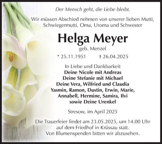 Traueranzeige von Helga Meyer von Volksstimme Burg/Genthin