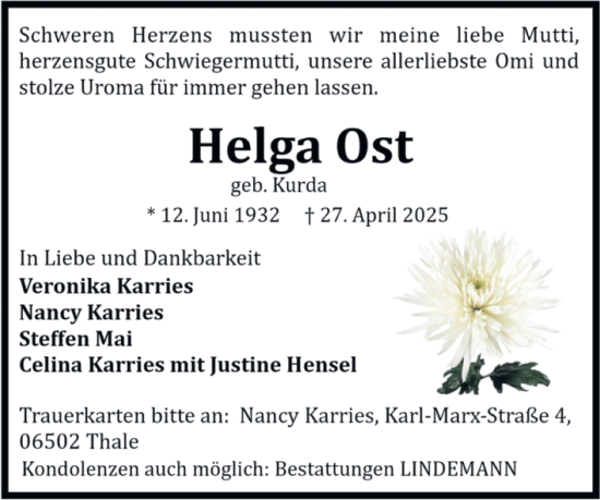 Traueranzeige von Helga Ost von Trauerkombi Quedlinburg