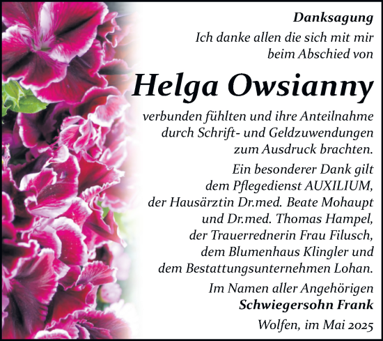 Traueranzeige von Helga Owsianny von Trauerkombi Bitterfeld