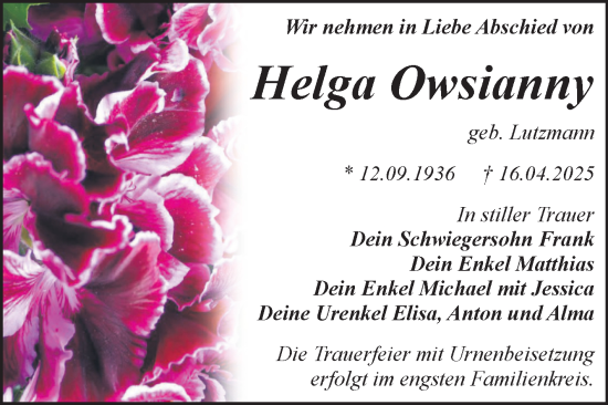 Traueranzeige von Helga Owsianny von Trauerkombi Bitterfeld