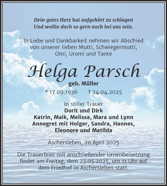 Traueranzeige von Helga Parsch von Trauerkombi Aschersleben