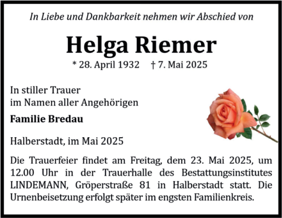 Traueranzeige von Helga Riemer von Volksstimme Halberstadt